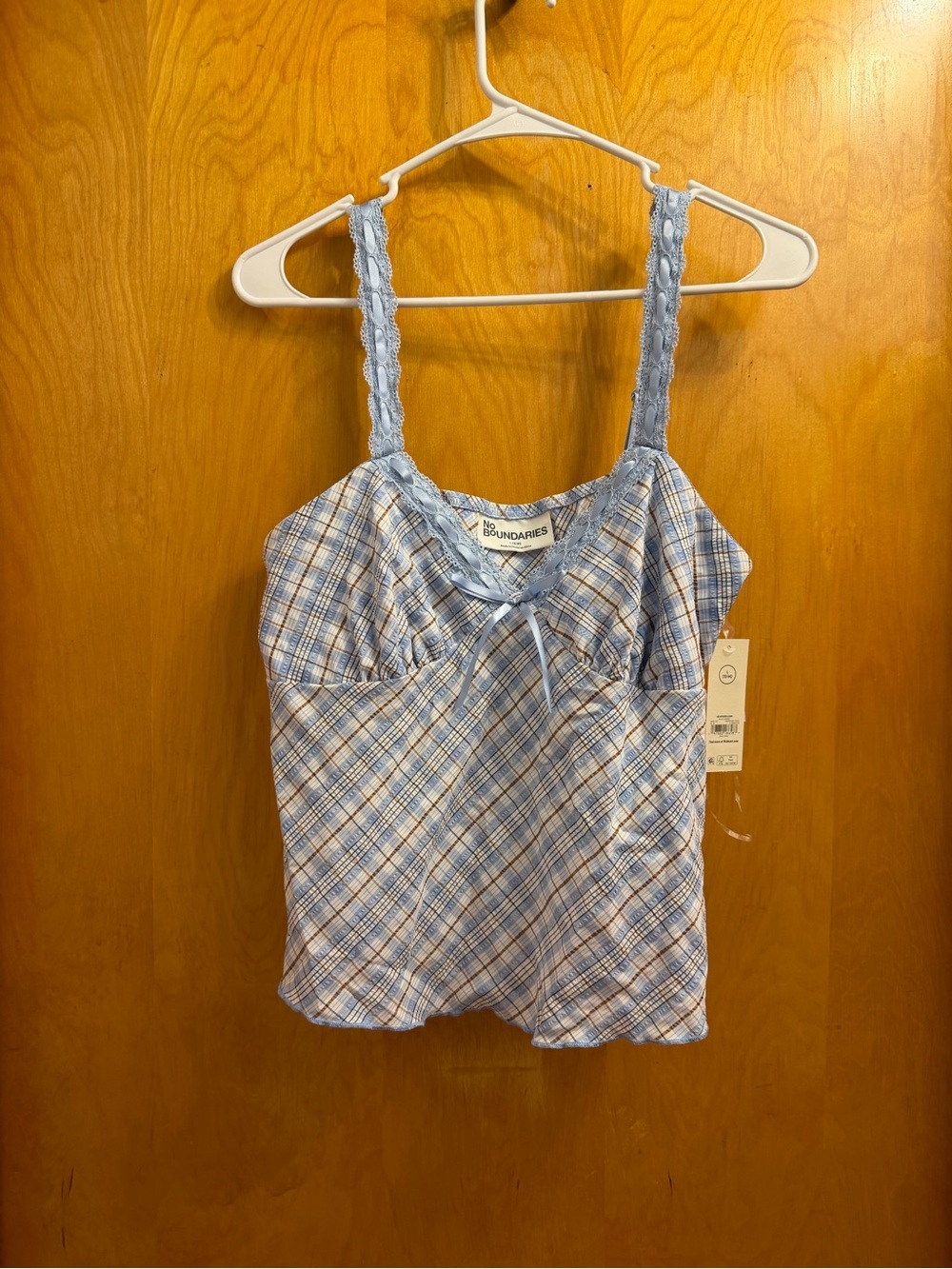 No Boundaries Lace Trim Plaid Sweetheart Coquette Cami Top Blue L (12-14) NWT